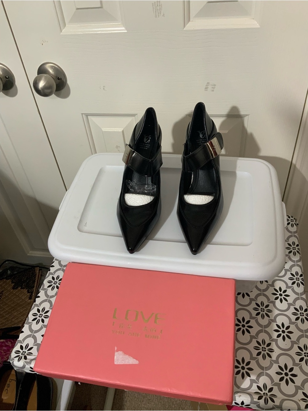 NIB Stylish Splicing High Heels Black Cowhide Leather Pointed Toe